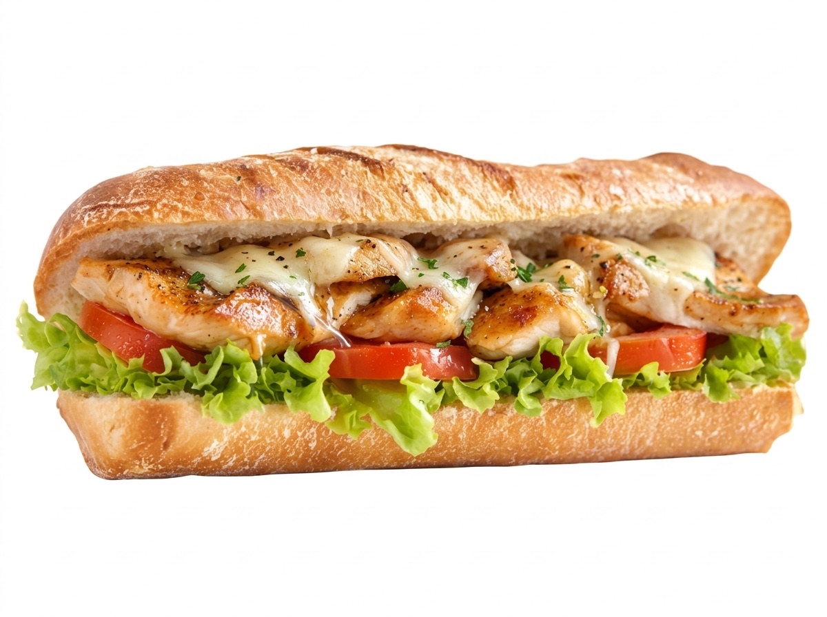 Grilled chicken baguette with melted cheese, tomato and lettuce