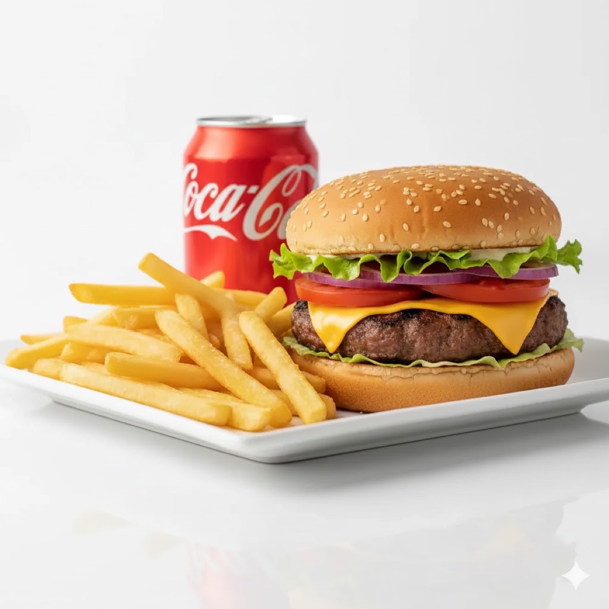 Cheeseburger with fries and a can of cola