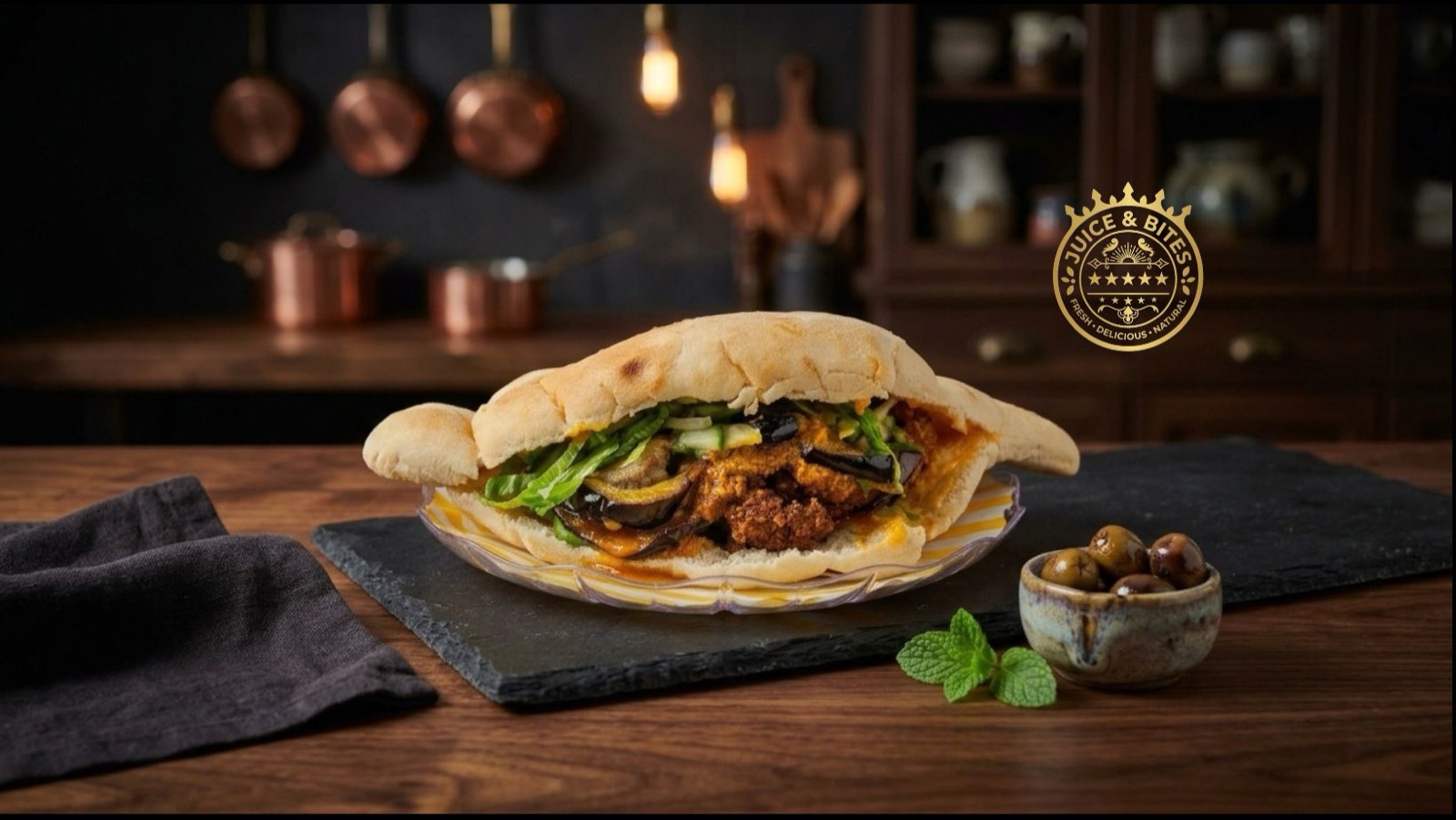 Falafel and aubergine pitta sandwich