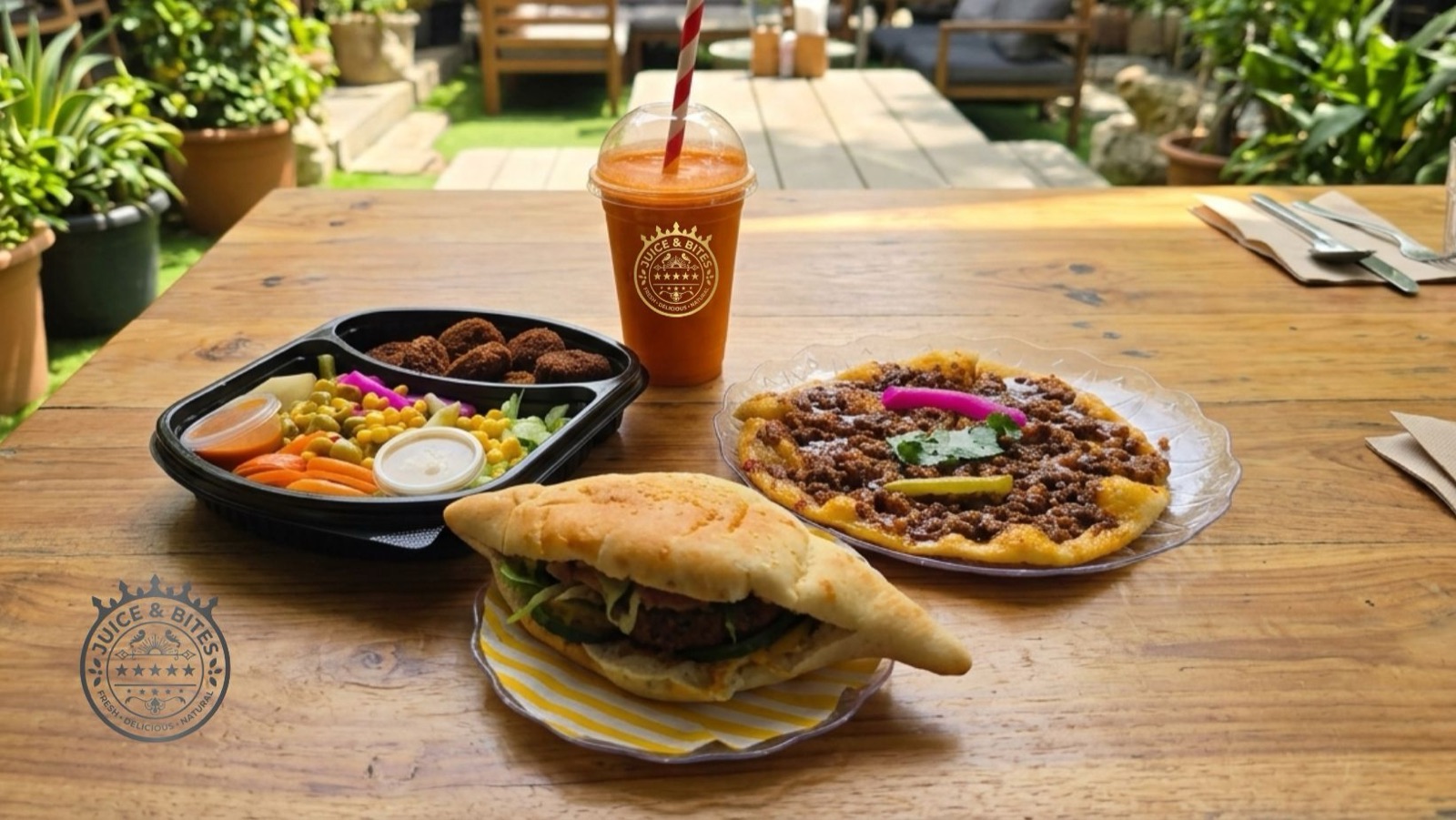 Falafel box, falafel sandwich, lahm bi ajeen and fresh carrot juice